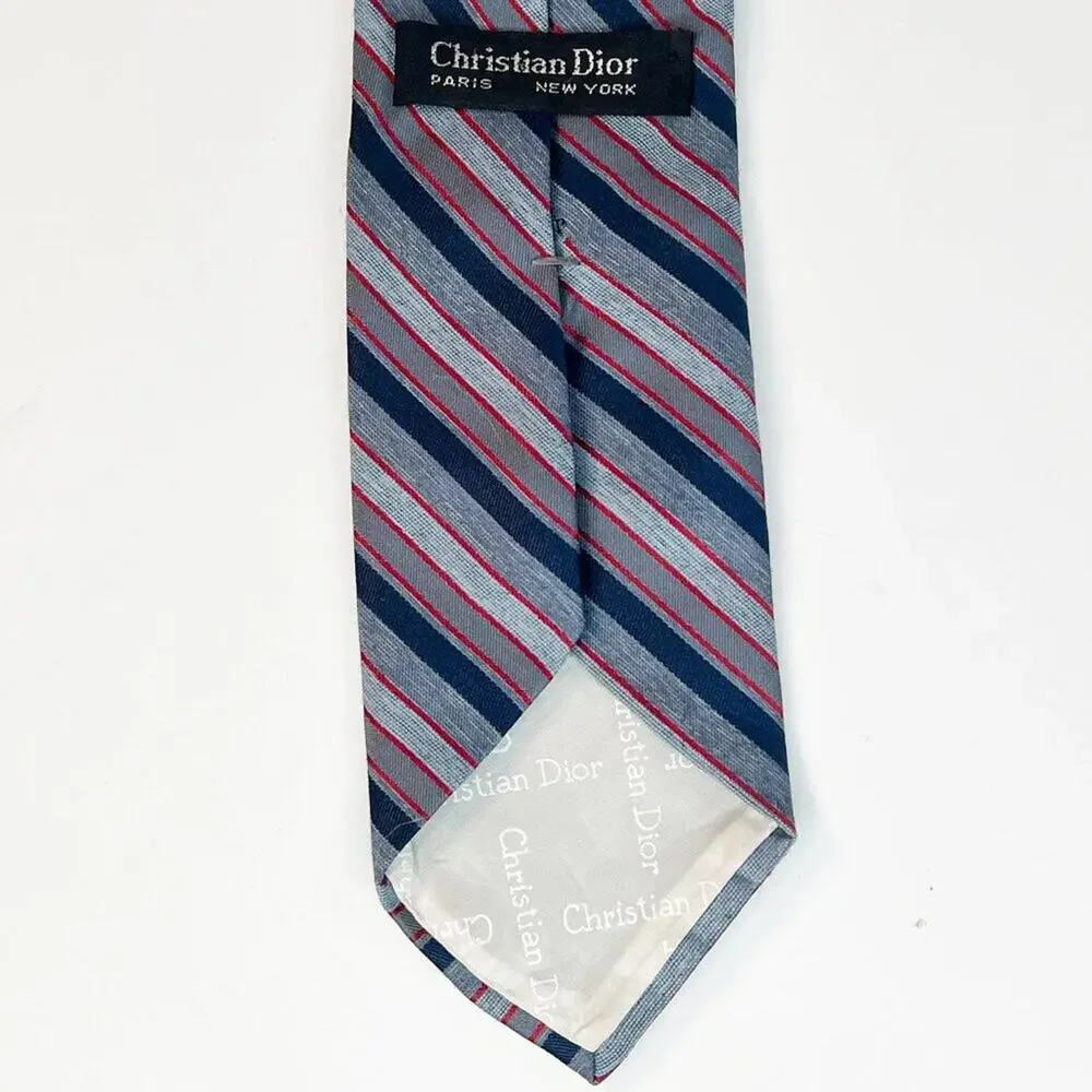 Christian Dior Striped Print Mens Neck Tie Blue Navy Red Woven Made in USA